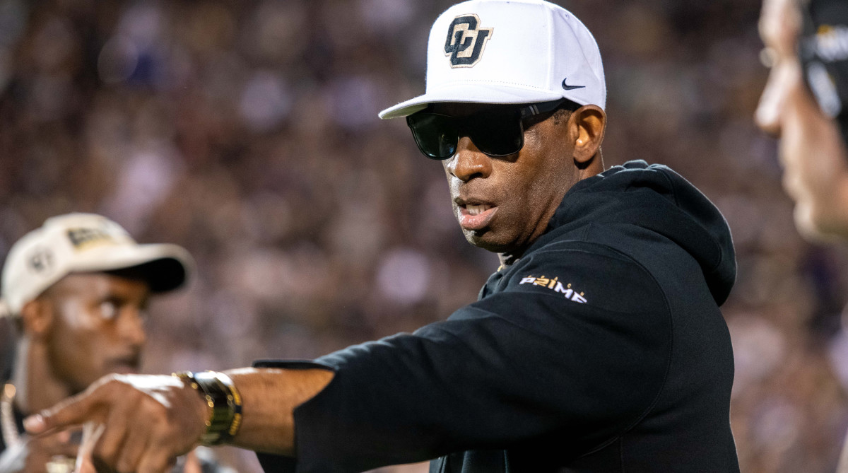CU football head coach Deion Sanders comes out of the locker room for the Rocky Mountain Showdown.